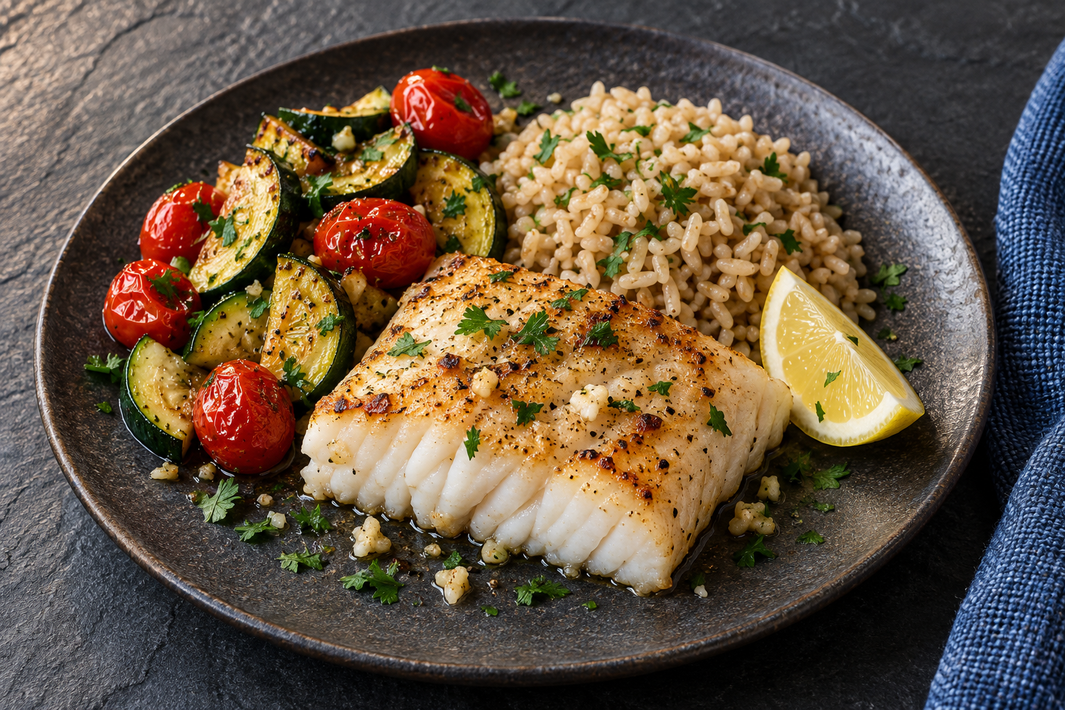 Golden seared cod with zucchini, cherry tomatoes, brown rice, lemon, and parsley