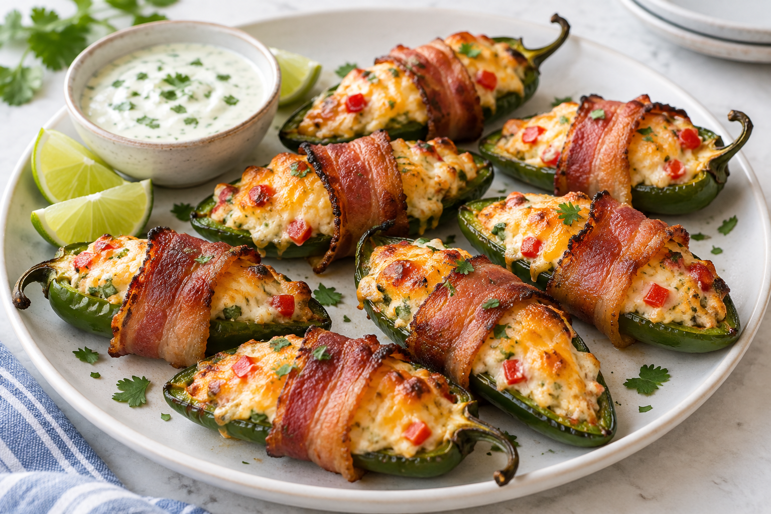 Bacon-wrapped jalapeño halves with four-cheese filling and red bell pepper, served with cilantro-lime sauce
