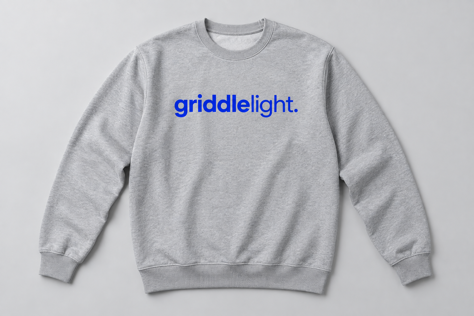 Design preview of a heather gray crewneck sweatshirt with a blue griddlelight. logo across the chest