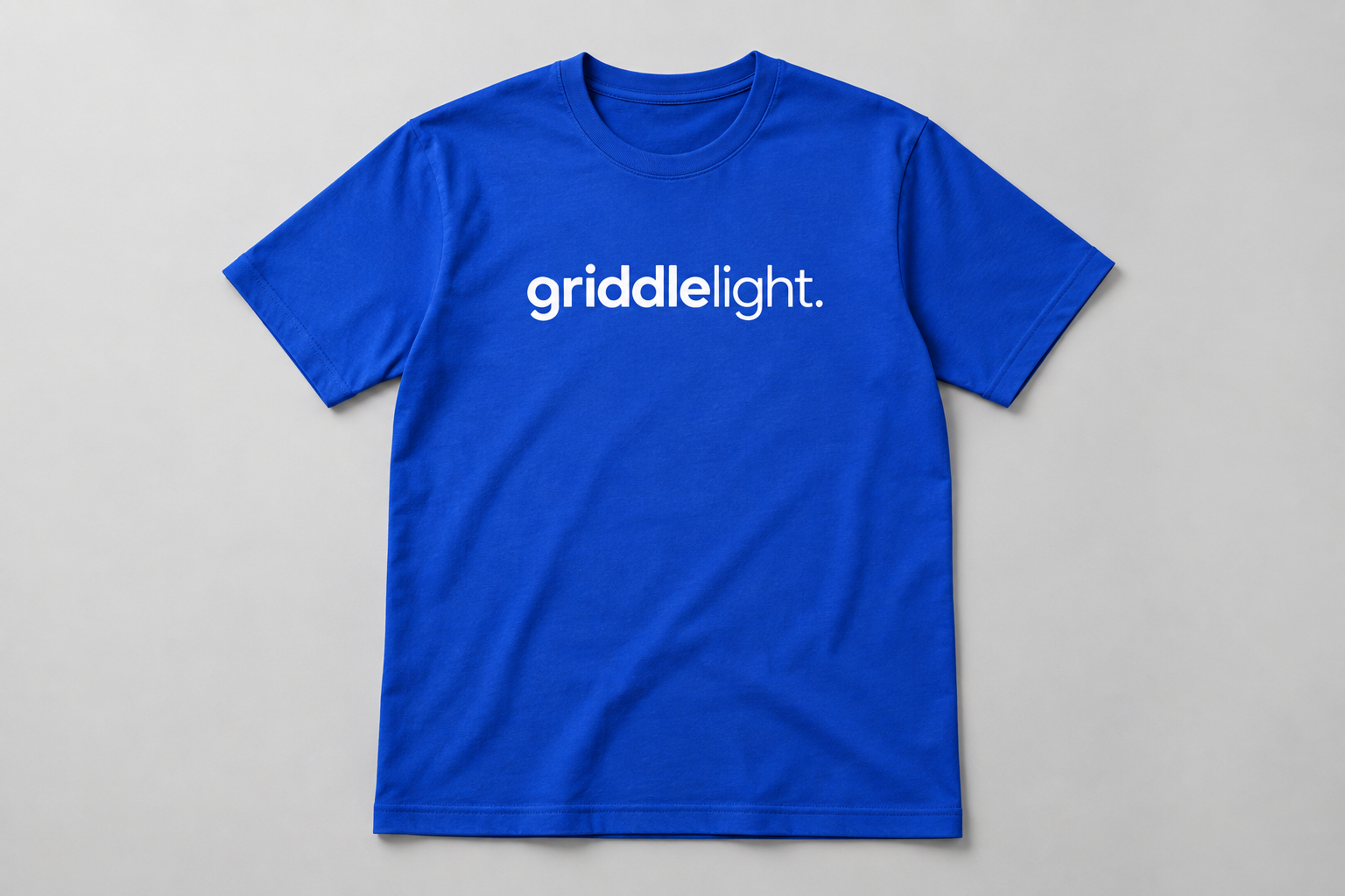 Design preview of a blue T-shirt with a white griddlelight. logo across the chest