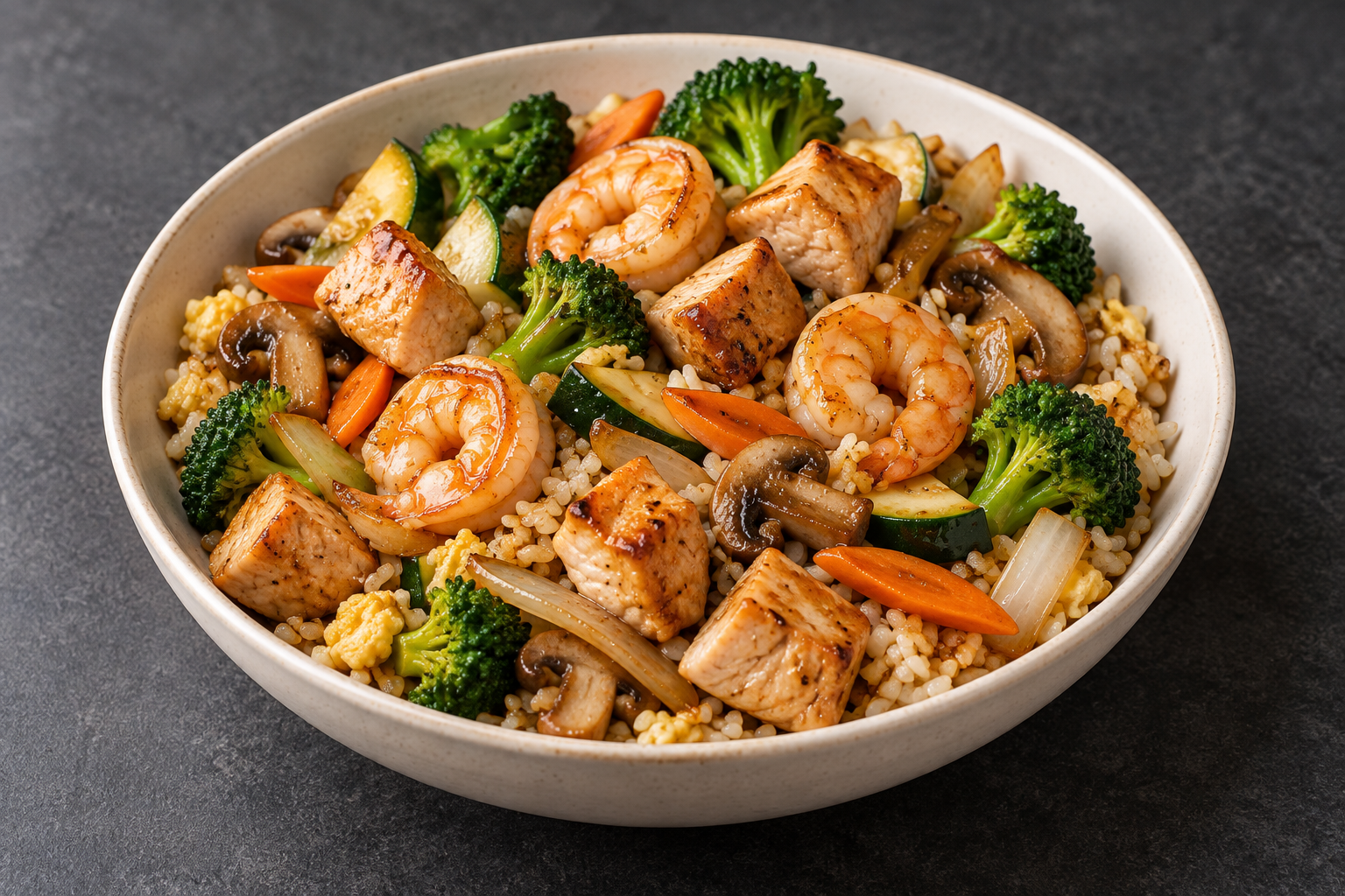 Chicken, shrimp, egg fried rice, and colorful griddled vegetables in a shallow bowl