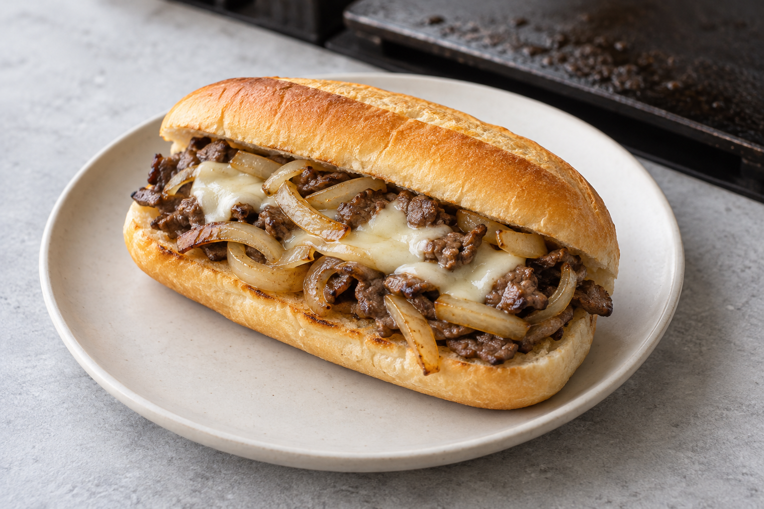 A toasted hoagie filled with thinly sliced steak, golden onions, and melted white cheese